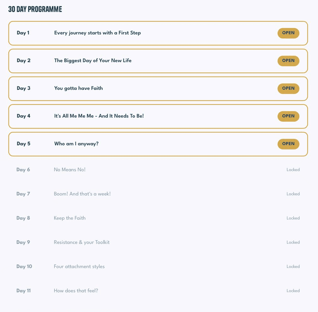 A thirty day programme with the first five days unlocked and the rest marked locked