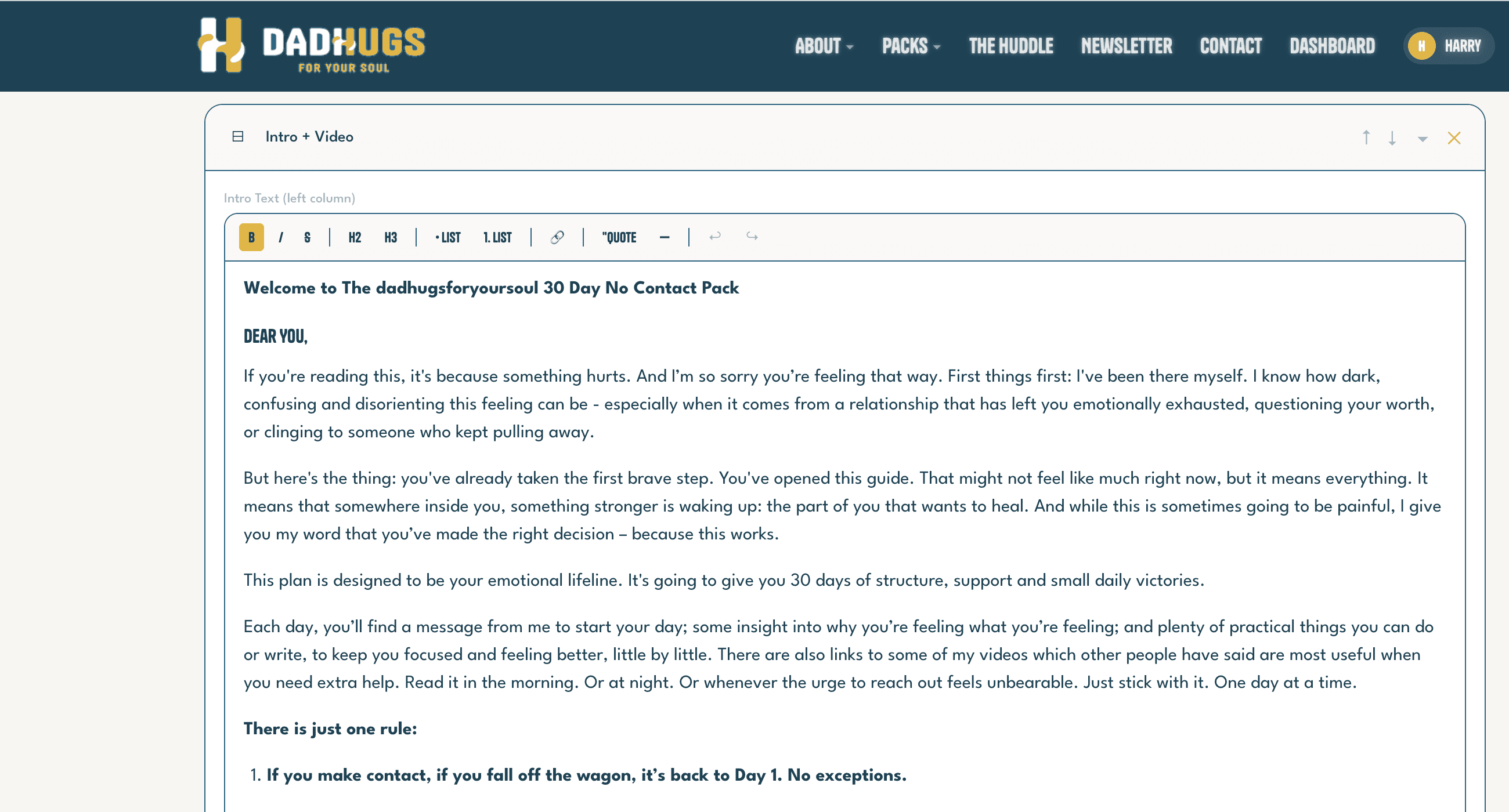 An admin screen with a movable content block, a formatting toolbar and a text editor