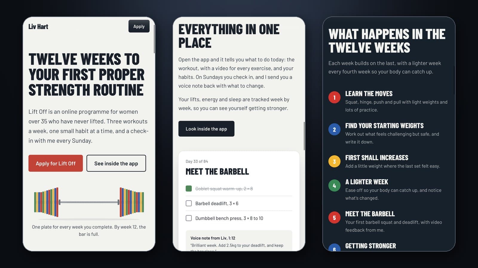 Three phone screens from Liv Hart Coaching: the home page with a colourful barbell, a day's workout in the client app with a voice note, and the twelve-week programme
