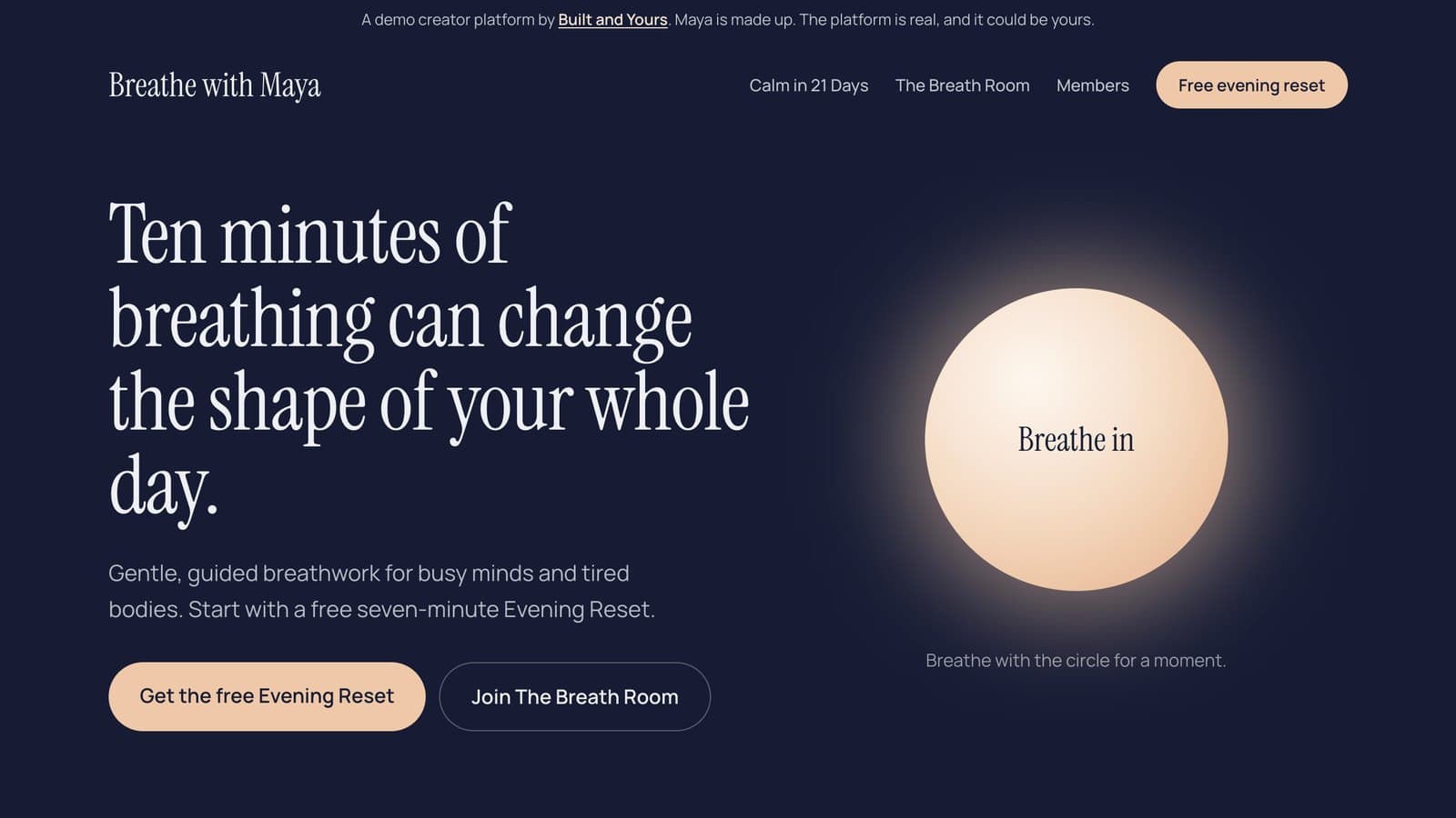 A dark blue home page with a glowing breathing circle that says Breathe in, beside the words Ten minutes of breathing can change the shape of your whole day