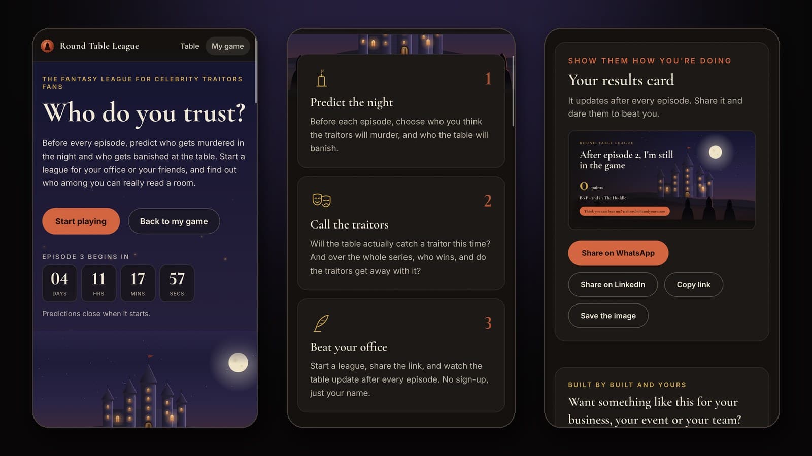 Three phone screens from Round Table League: the home page with an episode countdown, how the game works, and a shareable results card